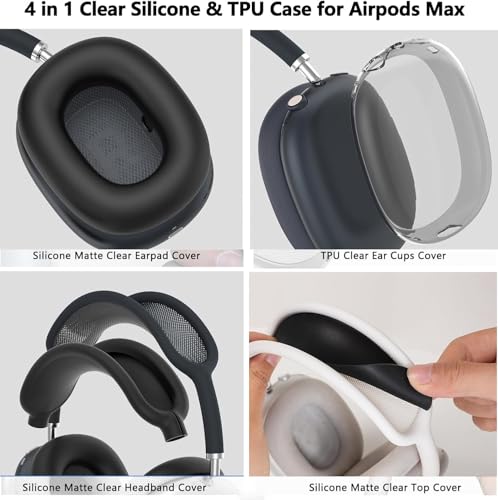 [4 in 1] Case Cover for AirPods Max Headphones,Clear Soft Ear Cups Cover Accessories for AirPods Max 2/1 (2026/2024/2020) (Black-8XQ5) - color: Black-8XQ5