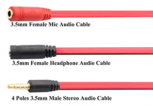 3.5mm Audio Y Splitter Cable 4-Pole 3.5mm AUX Male to 2x3.5mm Female Headset Mic & Stereo Y Splitter Cable for PC Computer Y Splitter Audio Flat Cable(20CM)(Red, Black) - color: Red, Black