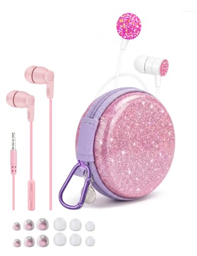 2-Pack Teens Wired Earbuds with Glitter Pink Case, School Headphones | GOGOSINIS 2-pack Wired Student Earbuds with Glitter Pink case, 3.5mm Headphones,Mini Carabiner Clip for School Backpacks - color: Diamond Pink