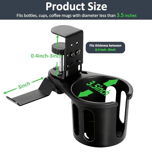 Desk Cup Holder Clamp 2 in 1 Clip On Table Cup Holder with Headphone Hanger | Rotatable Anti-Spill Water Bottle Stand Drink Coffee Mug Storage, Office Accessories for Home and School - color: Black-1 with Headphone Hanger