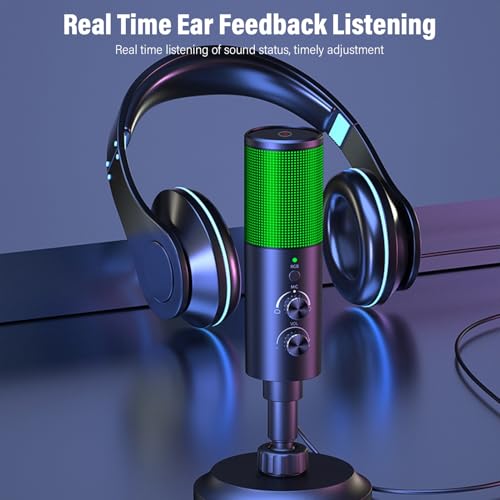 USB Microphone,with Brilliant RGB Lighting Headphone Output Volume Control, Mute for Computer Mobile Phone Live Streaming Recording