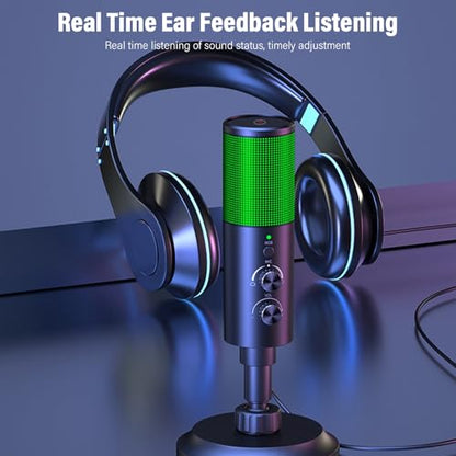 USB Microphone,with Brilliant RGB Lighting Headphone Output Volume Control, Mute for Computer Mobile Phone Live Streaming Recording