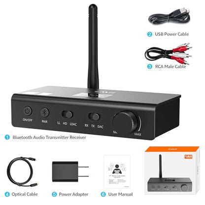 1Mii DS700 HiFi Bluetooth Audio Transmitter Receiver with LDAC | OLED Display, Wireless Adapter with Audiophile DAC for TV Home Stereo, Optical & Coaxial Input/Output, RCA Output Only