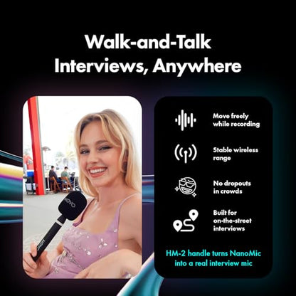 Movo NanoMic Wireless USB-C Mic Kit with Interview Handle — Dual Street Interview Mic for iPhone 15/16/17+, Android & iPad Pro — Vox Pops & TikTok