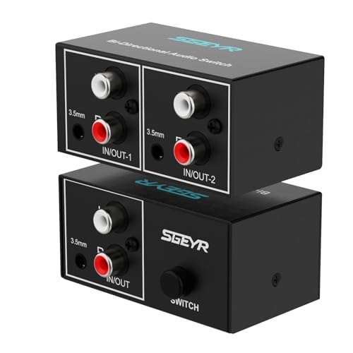 SGEYR RCA Switch 2 in 1 Out RCA switcher Selector 3.5mm Aux + RCA L/R Bi-Directional Stereo Audio Switcher A/B Analog Audio Switcher Black Metal Case