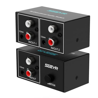SGEYR RCA Switch 2 in 1 Out RCA switcher Selector 3.5mm Aux + RCA L/R Bi-Directional Stereo Audio Switcher A/B Analog Audio Switcher Black Metal Case