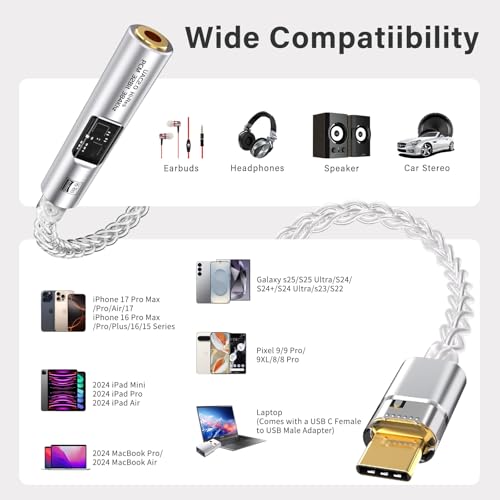 USB C to 3.5mm Audio Adapter DAC with Dual Chip CX31993 MAX97220 & HiFi Headphone Amplifier Dongle,8-Strand 4N Single-Crystal Copper Cable,Compatible with iPhone/Samsung/PC Mac (Silver) - color: Silver