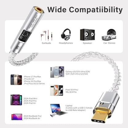 USB C to 3.5mm Audio Adapter DAC with Dual Chip CX31993 MAX97220 & HiFi Headphone Amplifier Dongle,8-Strand 4N Single-Crystal Copper Cable,Compatible with iPhone/Samsung/PC Mac (Silver) - color: Silver
