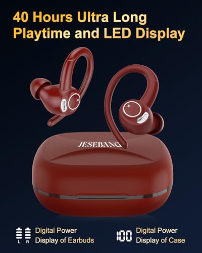 Wireless Earbuds, Bluetooth 5.4 Headphones Sport Over Ear Buds With ENC Mic | Noise Cancelling,48H, Wireless Earphone With Earhooks, Stereo Deep Bass, IP7 Waterproof ear bud for Workout Running,Light Red - color: Red
