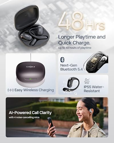 SHOKZ OpenFit 2+ Open-Ear Earbuds, Black, Dolby Audio,Wireless Charging | Soft Ear Hooks； IP55 Water-Resistant; USB-C Fast Charging；48H Playtime; Gym/outdoor/home use - color: Black, style: Dolby Audio / USB-C&Wireless