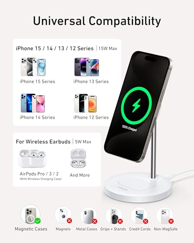 Anker MagGo 2-in-1 MagSafe Compatible Qi2 15W Wireless Charging Stand | Qi2 Certified, Fast Charging, Wireless Charger for iPhone 17, AirPods Pro, and More - color: White