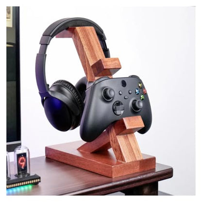 Solid Wood Headset Stand with Gaming Controller Holder, Desktop Gaming Accessory