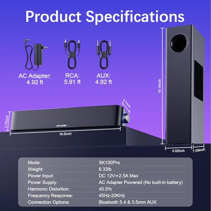 Nylavee Computer Speakers with Subwoofer, 2.1 PC Soundbar, Bluetooth 5.4 | 60W Peak Power, AC Adapter Powered with 3.5mm AUX for Desktop PCs, Laptops and Monitors