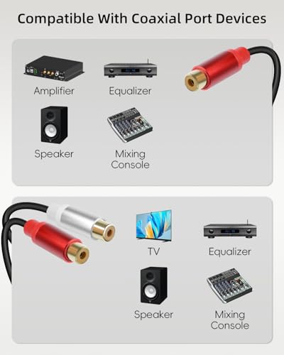 Short RCA Y Splitter Cable,1RCA Female to 2RCA Female Stereo Audio Extension Cable for Speaker,Subwoofer,Amplifier,Stereo System,Home Theater,2Pack(0.3M/1FT) - size: 1F to 2F