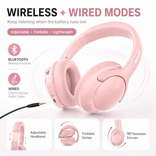 MIDOLA Bluetooth Headphones Over Ear 68H Playtime 6 EQ Wireless Headset with Microphone HiFi Stereo Foldable Lightweight Deep Bass for Travel Home Office Cellphone Pink | Adjustable Headband Foldable Over-Ear Lightweight for Office/Travel/Tablet/iPad/Lapt