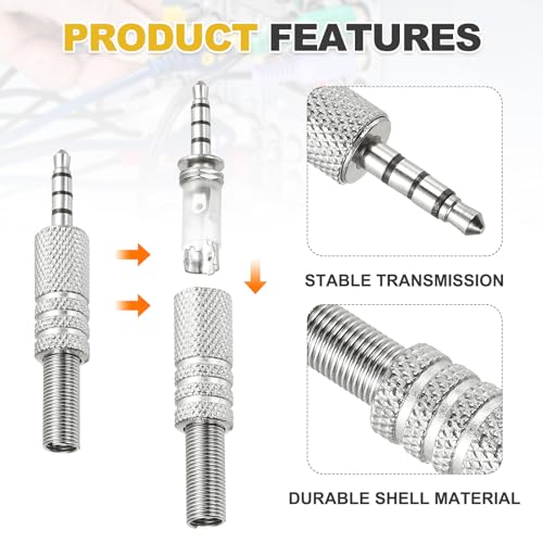 MECCANIXITY 4 Pcs 1/8" TRRS Audio Male Plug, 3.5mm Jack Plug Adapter Replacement, 4 Pole Solder Jack Cable Connector for Speaker Microphone Guitar (Carved Style, Silver Tone)