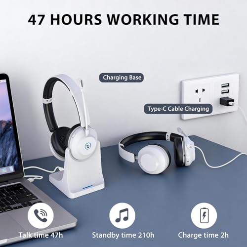Bluetooth Headset with Microphone, Wireless Headset AI Noise Cancelling | Computer Headphone for Clear Call＆Meeting 47H Work, Dual-Mode Bluetooth 6.0 & 2.4GHz Dongle, Office/PC/Phone/Teams