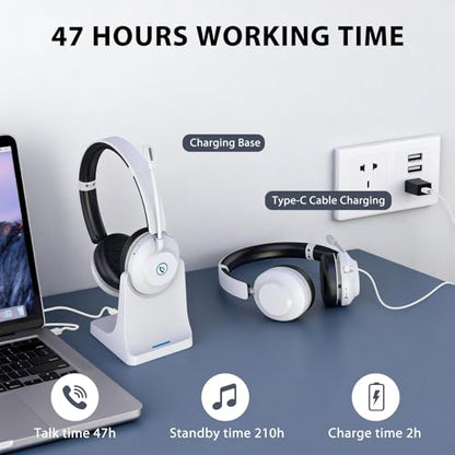 Bluetooth Headset with Microphone, Wireless Headset AI Noise Cancelling | Computer Headphone for Clear Call＆Meeting 47H Work, Dual-Mode Bluetooth 6.0 & 2.4GHz Dongle, Office/PC/Phone/Teams