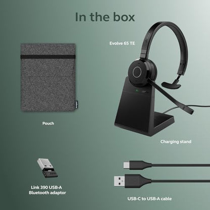 Jabra Evolve 65 TE (Third Edition) Wireless Single-Ear Headphones w/Charging Stand - Noise-Canceling Mic, 16 hrs Battery Life, Dual Connectivity, MS Teams Certified, Supports Other Platforms, Black
