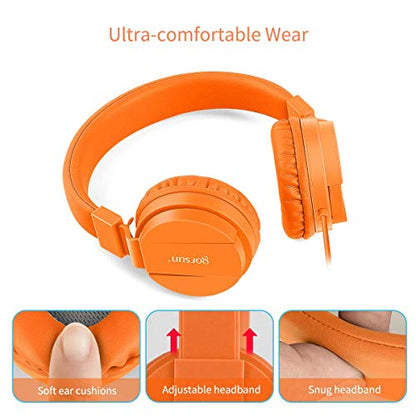 Kids Headphones, Lightweight Stereo Wired Toddler Headphones，Adjustable Headband Children's Headset for Smartphones Computer Pad Earphones(Orange) - color: Orange