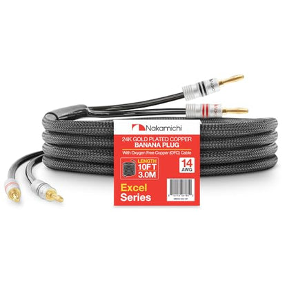 Nakamichi 24k Gold Plated Banana Plugs with Speaker Cable Wire 99.9% OFC | Oxygen-Free Copper, Excel Series, Heavy Duty Braided for Amplifier Receiver Hi-Fi Stereo AV - Black (14AWG / 10 feet / 3.0m) - color: Black (14 AWG), size: 10-Feet (3.0m)