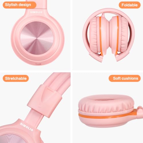 SIMOLIO Kids Wired Headphones for School, USB C to 3.5mm Dongle Stereo Sound Foldable Headphones w/Mic, Share Port & Safe Volume, Passive Noise Cancelling w/Pouch for iPhone iPad PC Travel (Pink)