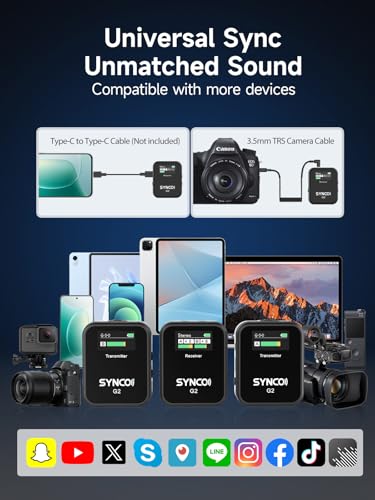 SYNCO G2(A2) Wireless Lavalier Microphone with 48KHz 24Bit Noise Reduction 656FT Range Camera Microphone for DSLR/iPhone/Android/Laptop, Lapel Mic for Vlogging Streaming YouTube | 48kHz/24-bit audio vlogging, noise reduction, 656ft stable wireless range,