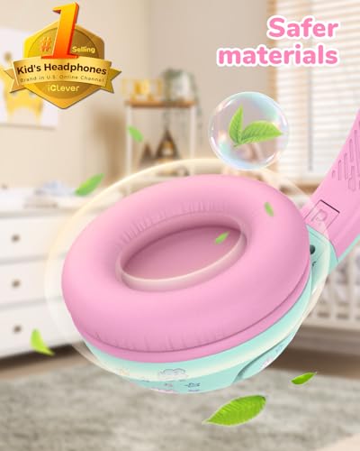 iClever BTH27 Toddler Headphones for 2+ Year Old Baby Kids Travel Study | SafeSound Tech3.0, 74H Playtime, Bluetooth 5.4, BPA Free, Aux, Soft Baby Headphones, Easy Operation, Adjustable, Green/Pink - color: Green/Pink