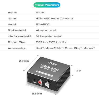 HDMI ARC to RCA Audio Converter Support CEC, 192KHz HDMI ARC Adapter with 3.5mm Audio and L R Stereo Audio for HDTV Soundbar Speaker Amplifier