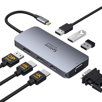 USB C to Dual HDMI Adapter,7 in 1 USB C Docking Station to Dual HDMI Displayport VGA,USB to 3USB 2.0, Multi Monitor Adapter for Dell XPS 13 15,Lenovo Yoga,Huawei Matebook X pro,etc - color: Gray
