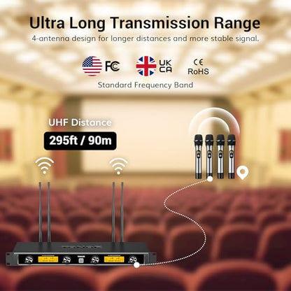 TONOR Wireless Microphones System, 4x10 Channel UHF Wireless Mic, 4 Handheld Adjustable Frequency Metal Cordless Dynamic Mic, Multiset Operation, 90 m Ideal for Karaoke Singing Wedding Church, Silver - style: 4 Mics
