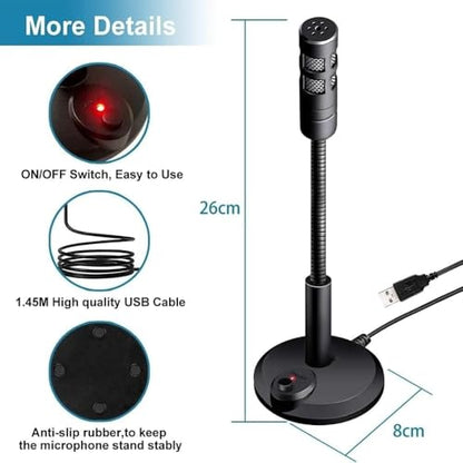 Drumstone USB Computer Microphone, Plug and Play Desktop PC Laptop Microphone with Mute Button and LED Indicator for Streaming, Podcasting, Recording, Gaming-Black