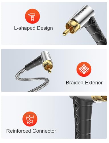 VANAUX Subwoofer Cable Double 90 Degree RCA to RCA Audio Stereo Cable Male to Male 24K Gold Plated Connector Nylon Braided Double Shielded Clean Sounding Signal Silver/3.3ft/1m - color: Double 90°Design RCA, size: Silver-3FT/1M