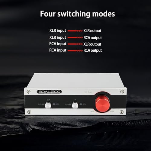 BOALECO HiFi 2-IN-2-OUT XLR Balanced/RCA Audio Selector Splitter Box,Silver | Lossless XLR Balanced & RCA Audio Switcher Stereo Fully Balanced Passive Preamp Volume Controller for Multi-Device Switching