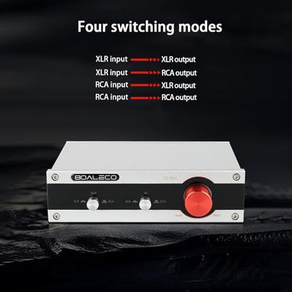 BOALECO HiFi 2-IN-2-OUT XLR Balanced/RCA Audio Selector Splitter Box,Silver | Lossless XLR Balanced & RCA Audio Switcher Stereo Fully Balanced Passive Preamp Volume Controller for Multi-Device Switching