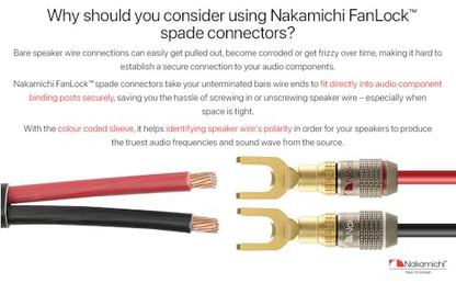 Nakamichi FanLock 24k Gold Plated Spade Y Connector Banana Plugs, 10-18 AWG | Excel Series, Gauge Size 4mm for Speakers Amplifier Hi-Fi Stereo Radio AV Audio Wire Cable Quick Connector, 4 Pcs (2-Pairs) - size: 4 Pcs (2-Pairs)