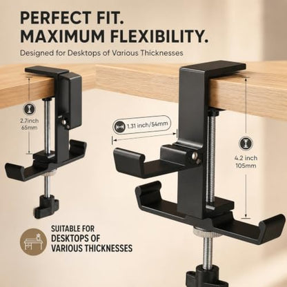JAKO Headphone Stand for Desk, 3 Hooks Aluminum Alloy Headphone Holder (1 Foldable+2 Fixed) Space Saving Headset Stand Hook, Universal Fit PC Gaming Headsets Holder Desk Clamp for Office/Game Table - color: Black