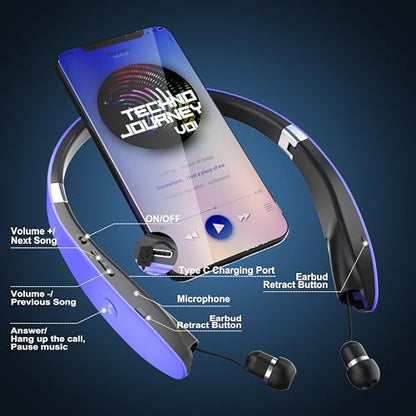 AMORNO Foldable Bluetooth Headphones Wireless Neckband Headset with Retractable Earbuds, Sports Sweatproof Noise Cancelling Stereo Earphones with Mic - color: Purple