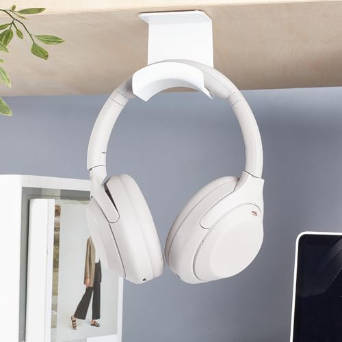 AHANDMAKER 2 Pack Headphone Stand for Desk Headphone Holder with Adhesive Gaming Headphones Hanger Under Desk Shelf Mounting Hooks for Bedroom Gaming Setup Organization, White - color: White