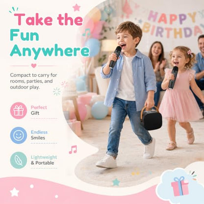Karaoke Machine for Kids Boys, 2 Mics with Voice Changer, Black | Rechargeable,Portable,Bluetooth,TF Card,Headphone Jack,Sing Toy,Gift for Boys