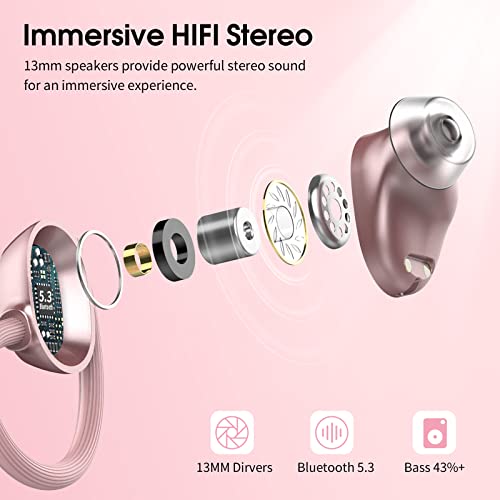 Wireless Earbuds for Small Ear, HiFi Stereo Sport Bluetooth 5.3 Headphones with Earhooks, 48H Deep Bass Running Ear Buds with LED Display, Noise Cancelling, IP7 Waterproof Built-in Mic for iOS Android - color: Rose Gold