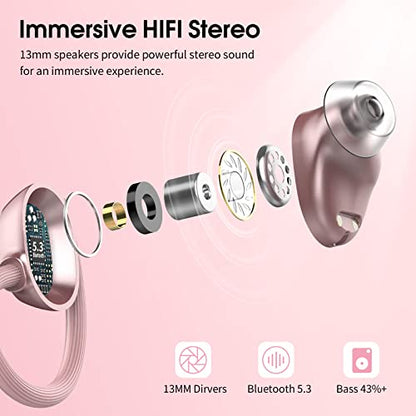Wireless Earbuds for Small Ear, HiFi Stereo Sport Bluetooth 5.3 Headphones with Earhooks, 48H Deep Bass Running Ear Buds with LED Display, Noise Cancelling, IP7 Waterproof Built-in Mic for iOS Android - color: Rose Gold