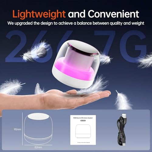 Portable Speaker Bluetooth with Loud Stereo Sound, Mini Wireless Speaker with 7 RGB Lights, TF-Card USB, TWS Pairing, 4H Playtime, IP7 Waterproof Speakers for Travel Party Home Outdoor Gift, White