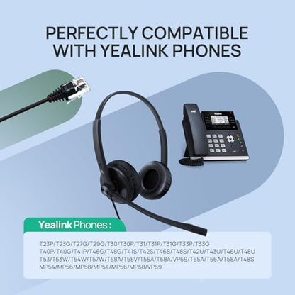 Yealink Phone Headsets for Office Phones YHS34 QD to RJ9 Wired Headset | Leather ear pads,Compatible with Poly Snom Phones Desk Landline Headset with Microphone -Dual/129g/2.1m Cable - color: leather Ear Cushions, size: Dual