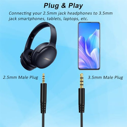 Replacement Bose Headphone Aux Audio Cable, 2.5mm Male to 3.5mm Male | Headset Audio Cord Compatible with Bose QC25, QC35, QC45, NC700, JBL Tune 710BT 660NC, in-line Mic, Volume Control