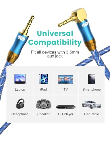 EMK 90 Degree Right Angle Aux Cable - [24K Gold-Plated,Sound Quality] Audio Stereo Male to Male Cable for Laptop, Tablets, MP3 Players,Car/Home Aux Stereo, Speaker or More (10FT/3M) - size: 10FT/3M