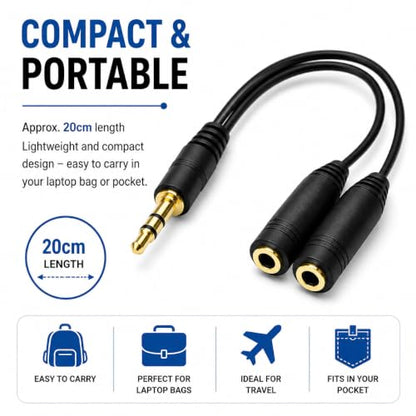 Master Cables 3.5mm Stereo Jack Headphone & Microphone Splitter Cable, 20cm, 1 Female to 2 Male AUX Adapter, Gold Plated, Audio Cable for PC, Laptop, Gaming Headsets