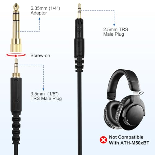 Replacement ATH-M50x Cable Aux Cord Compatible with Audio Technica ATH-M40x, ATH-M50x, ATH-M70x, ATH-M60x, 2.5mm to 3.5mm Headphones Audio Cord with 6.35mm Adapter, 6.6FT