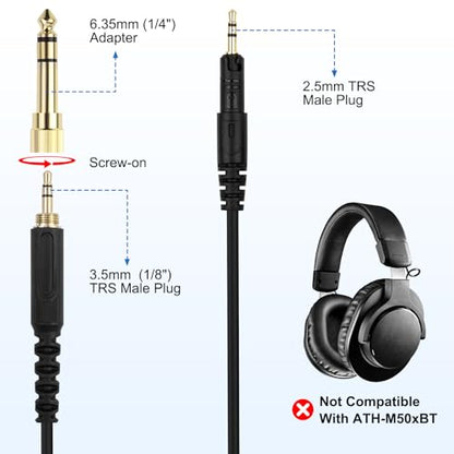 Replacement ATH-M50x Cable Aux Cord Compatible with Audio Technica ATH-M40x, ATH-M50x, ATH-M70x, ATH-M60x, 2.5mm to 3.5mm Headphones Audio Cord with 6.35mm Adapter, 6.6FT