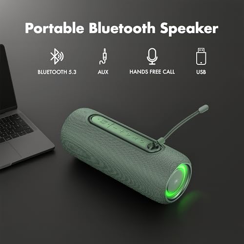 Fisher Portable Bluetooth Speakers IPX5 Waterproof Speaker, 14W Peak Power | Stereo Bluetooth Speaker, RGB Lights, TWS, BT 5.3, Built-in Mic, Hands Free Calling Speakers Bluetooth Wireless, Use Anywhere - color: Green